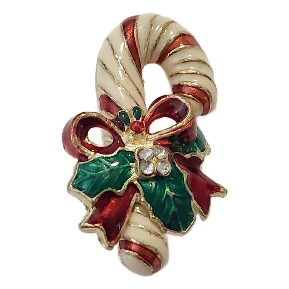 Vintage Enamel and Crystal Christmas Candy Cane Brooch Pin, 1.5" Tall - Picture 7 of 10